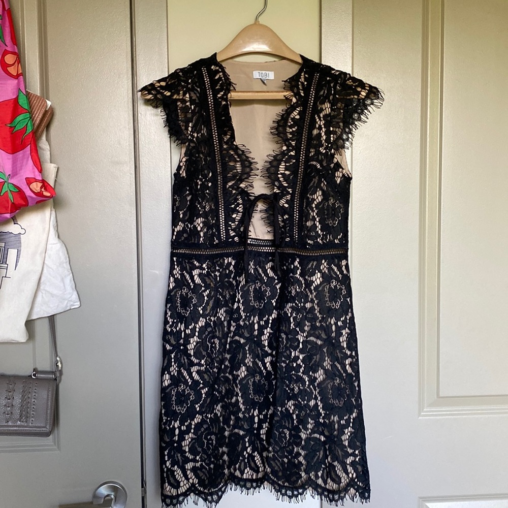 Tobi black dress with beige nude slip